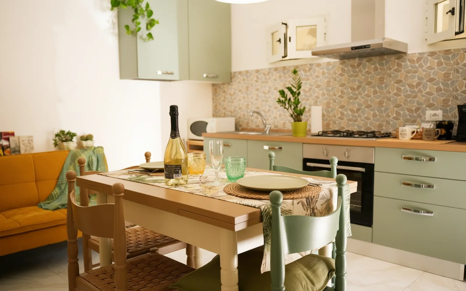 La zona giorno con la cucina verde salvia, il tavolo apparecchiato e il divano