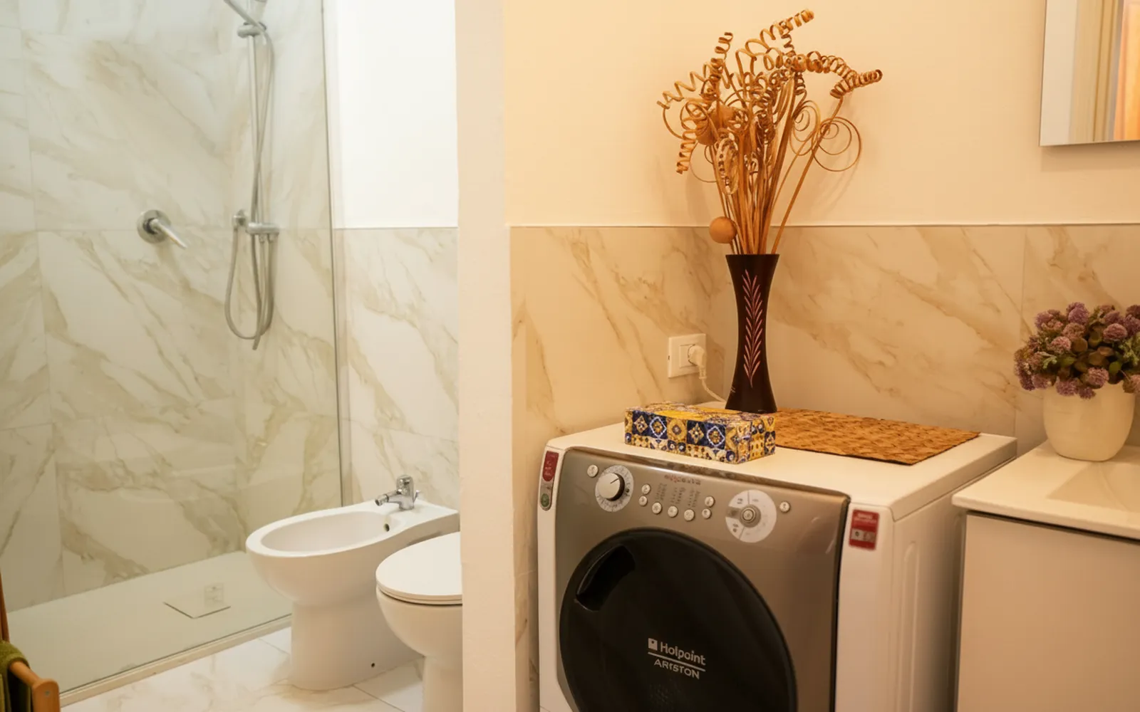Il bagno moderno con la doccia, i sanitari e la lavatrice